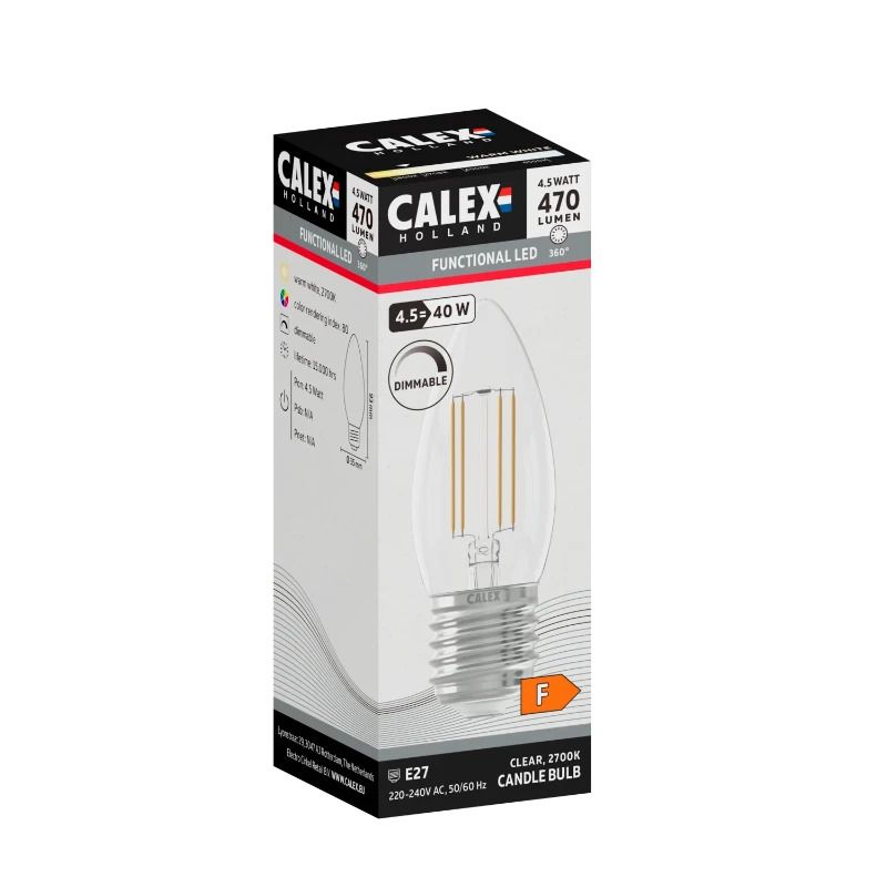 Calex E27 LED Kaarslamp Helder | 4.5W 470Lm 2700K | 220-240V 827 B35 | Dimbaar