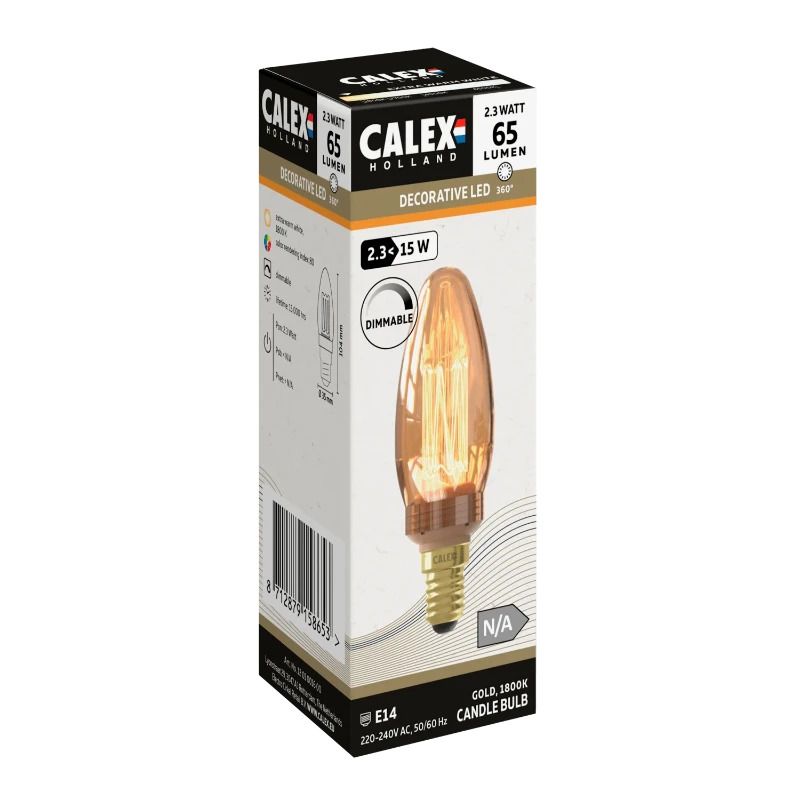 Calex E14 LED Kaarslamp Glassfiber Goud | 2.3W 65Lm 1800K | 220-240V B35 | Dimbaar