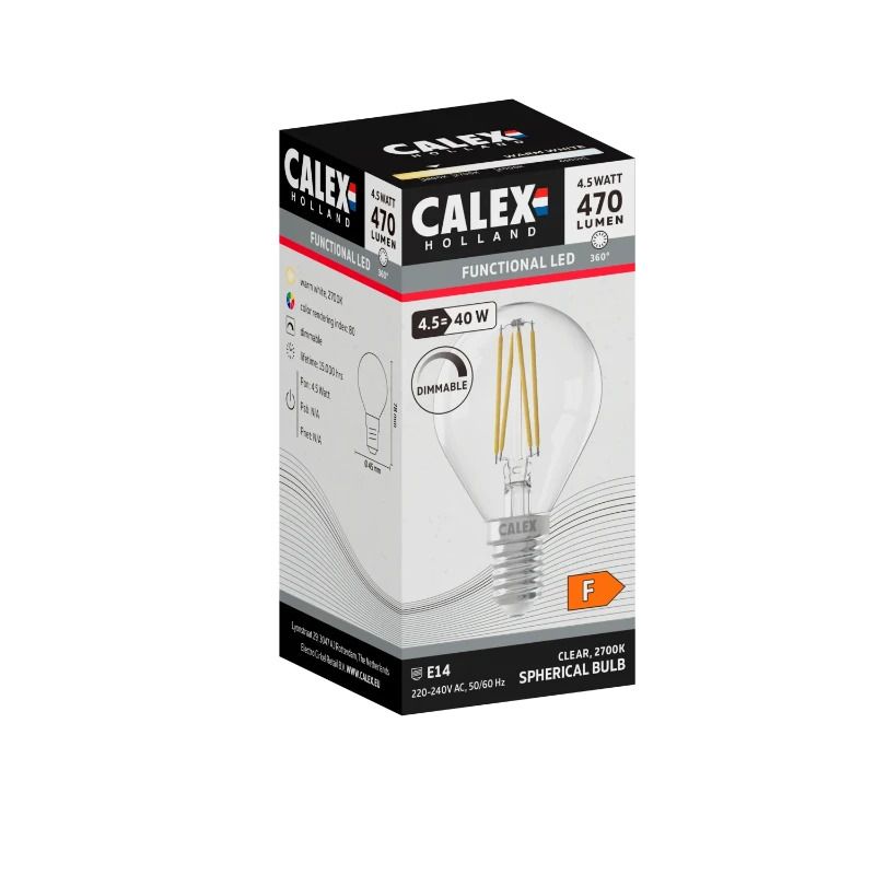 Calex E14 LED Kogellamp Helder | 4.5W 470Lm 2700K | 220-240V 827 P45 | Dimbaar