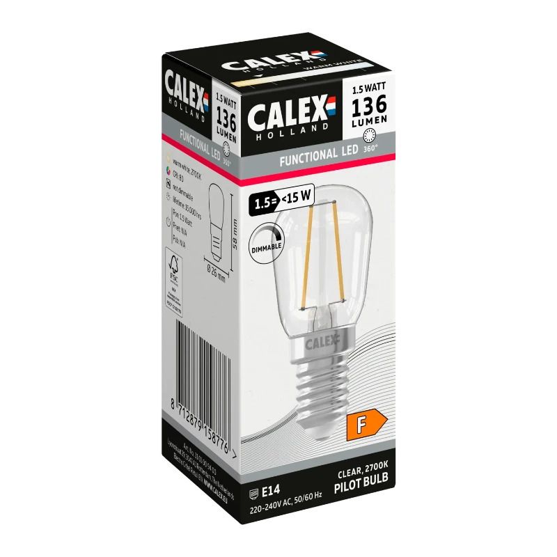 Calex E14 LED Buislamp Helder | 1.5W 136Lm 2700K | 220-240V 827 T26x58 | Dimbaar