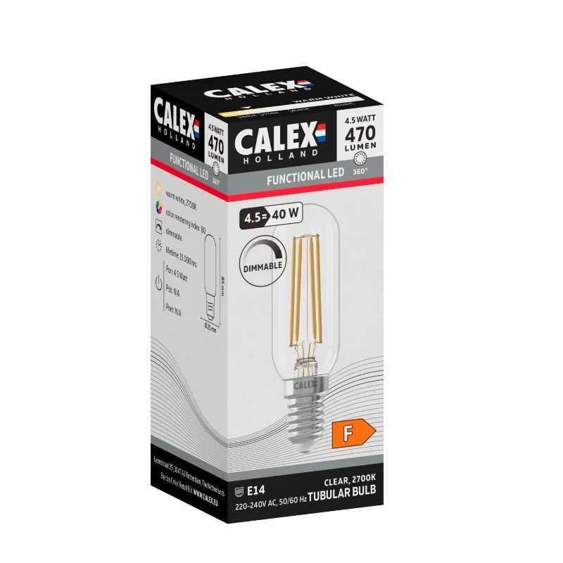 Calex E14 LED Buislamp Helder | 4.5W 470Lm 2700K | 220-240V 827 T26x58 | Dimbaar