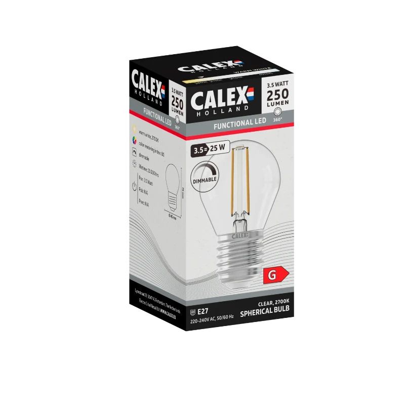 Calex E27 LED Kogellamp Helder | 3.5W 250Lm 2700K | 220-240V 827 P45 | Dimbaar