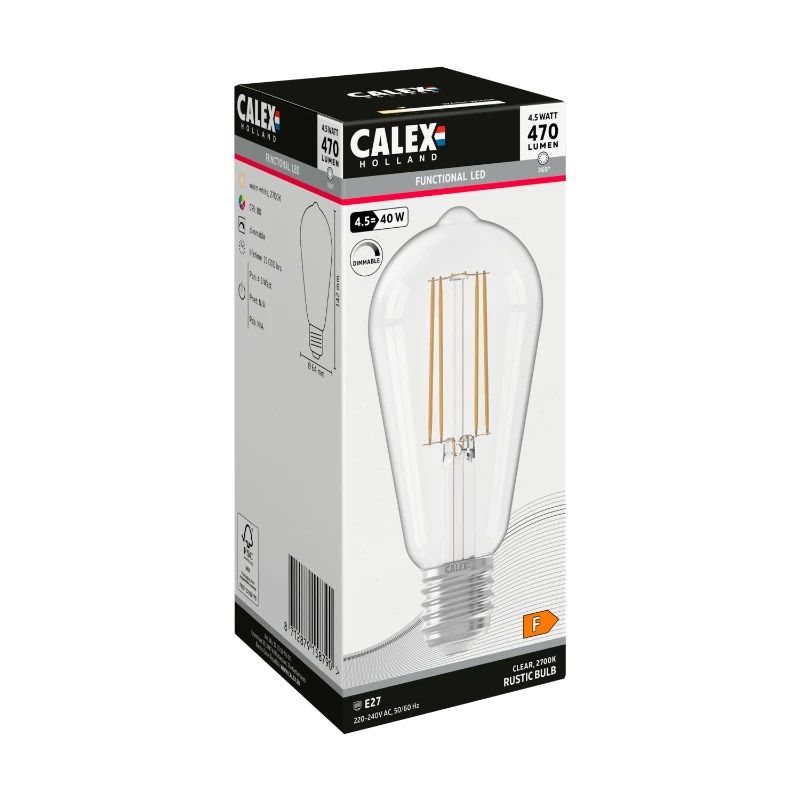 Calex E27 LED Edison Lamp Helder | 4.5W 470Lm 2700K | 220-240V 827 ST64 | Dimbaar