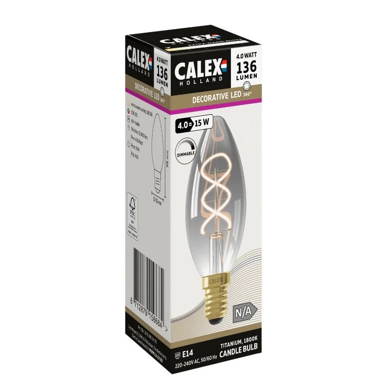 Calex E14 LED Kaarslamp Titanium | 4W 136Lm 1800K | 220-240V 818 B35 | Dimbaar