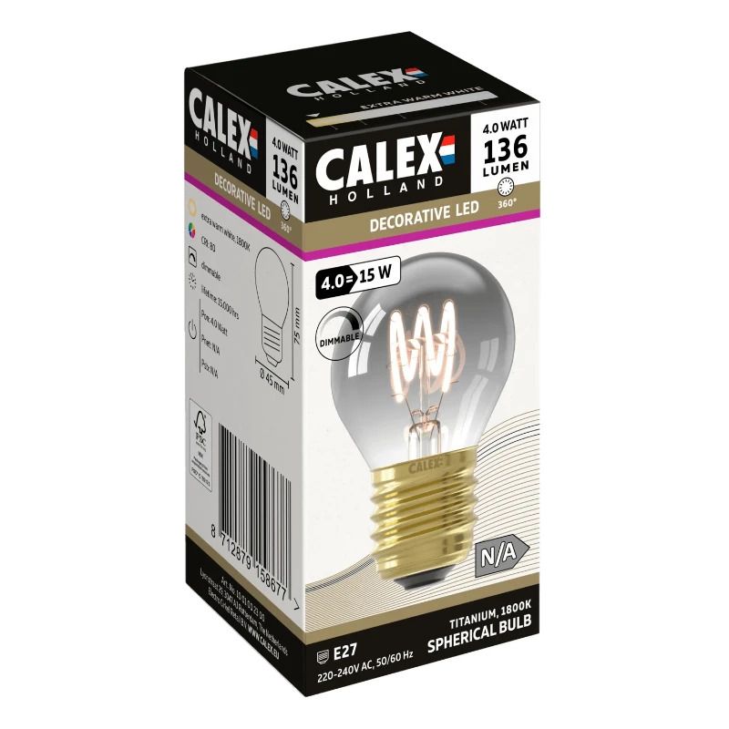 Calex E27 LED Kogellamp Titanium | 4W 136Lm 1800K | 220-240V 818 P45 | Dimbaar