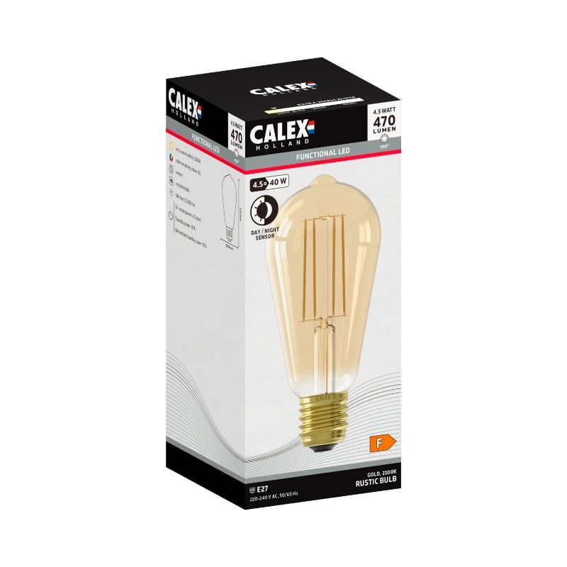 Calex E27 LED Edison Lamp Goud | 4.5W 470Lm 2100K | 220-240V 821 ST64 | Met Daglicht Sensor