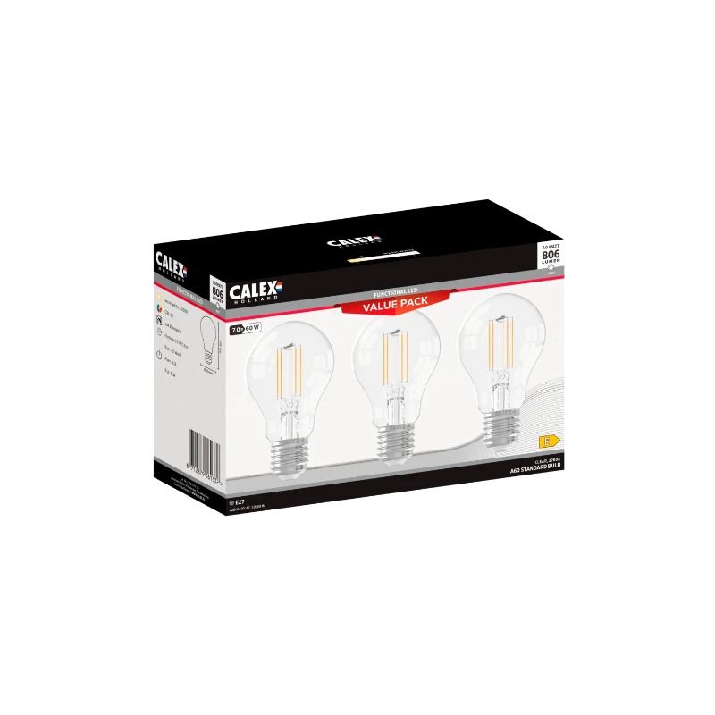 Calex 3X E27 LED Lamp Helder | 7W 806Lm 2700K | 220-240V 827 | Multipack