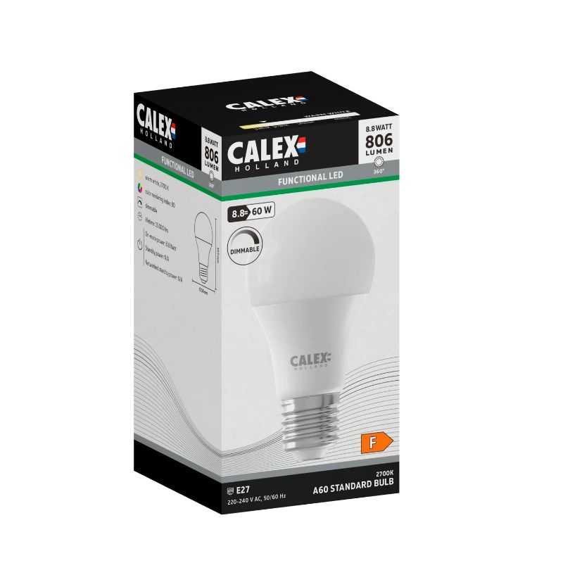 Calex E27 LED Lamp Power | 8.8W 806Lm 2700K | 220-240V 827 A60 | Dimbaar