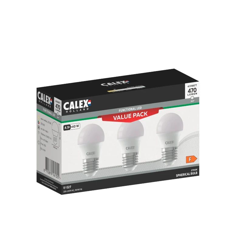 Calex 3X E27 LED Kogellamp | 4.9W 470Lm 2700K | 220-240V P45 | Multipack