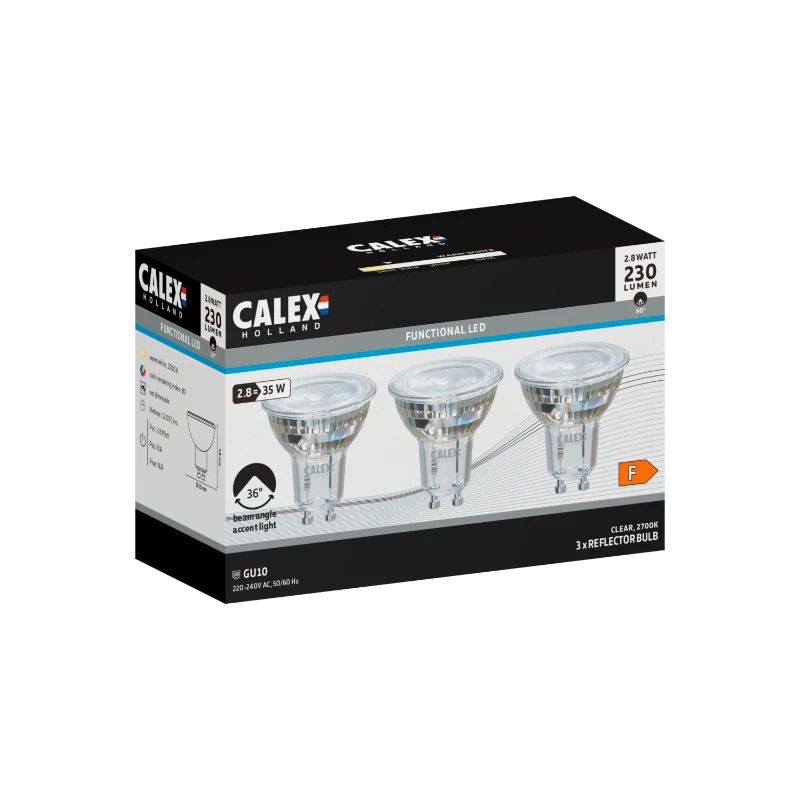 Calex 3X GU10 LED Spot | 2.8W 230Lm 2700K | 220-240V 827 | Multipack