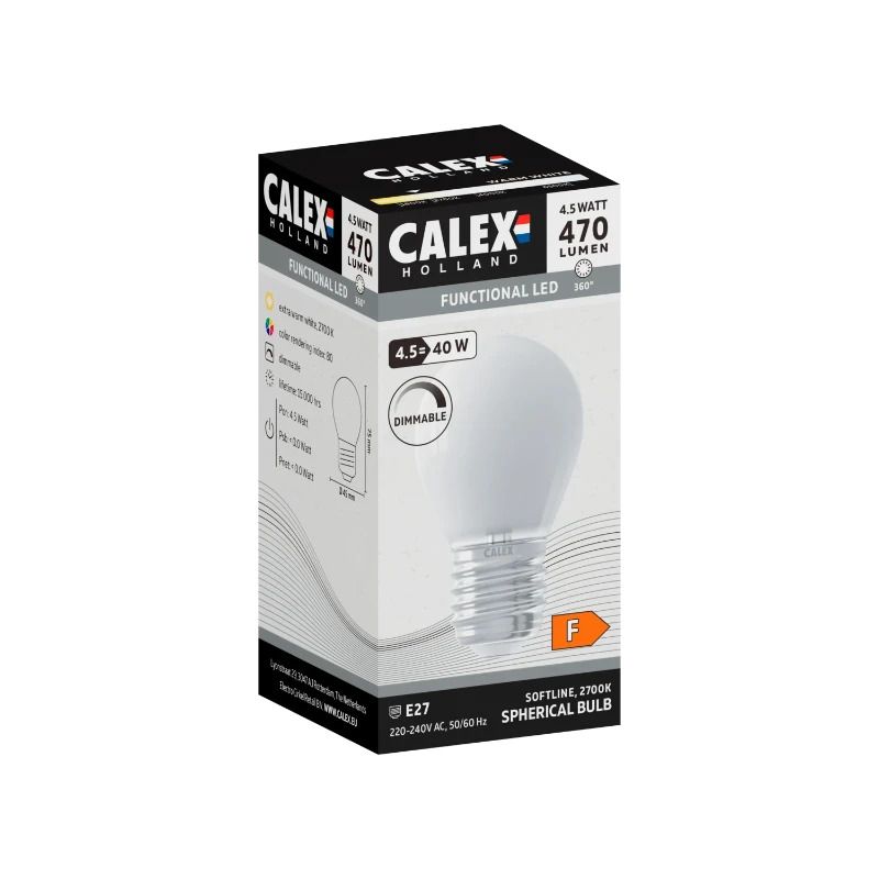Calex E27 LED Kogellamp | 4.5W 470Lm 2700K | 220-240V 827 P45 | Dimbaar