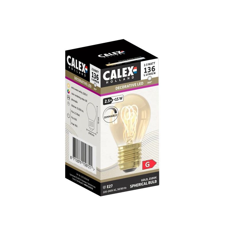 Calex E27 LED Kogellamp Goud | 2.5W 136Lm 2100K | 220-240V 821 P45 | Dimbaar