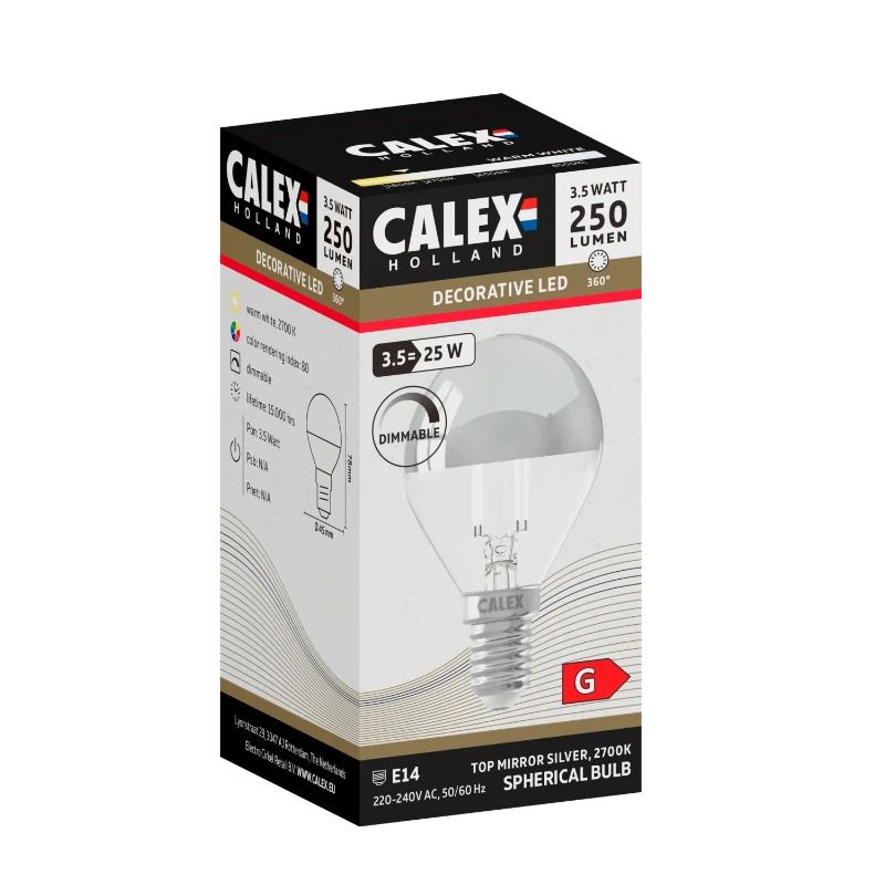 Calex E14 LED Kogellamp Chrome | 3.5W 250Lm 2700K | 220-240V 827 P45 | Dimbaar