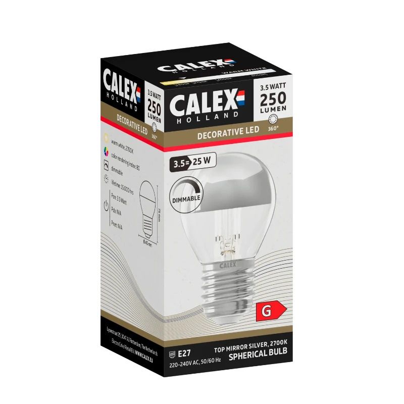 Calex E27 LED Kogellamp Chrome | 3.5W 250Lm 2700K | 220-240V 827 P45 | Dimbaar