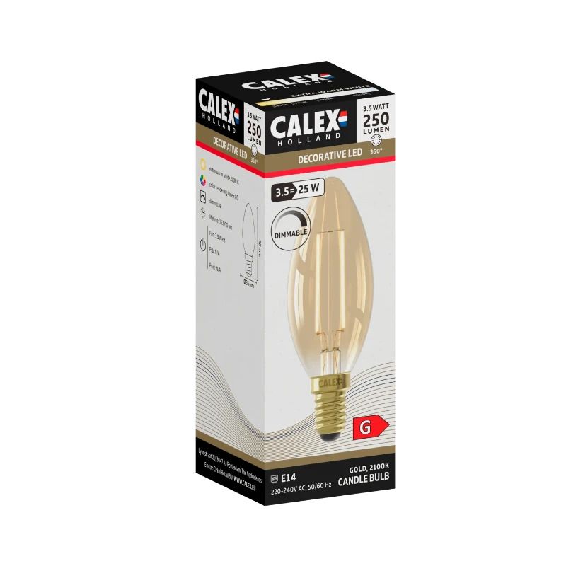Calex E14 LED Kaarslamp Goud | 3.5W 250Lm 2100K | 220-240V 821 B35 | Dimbaar