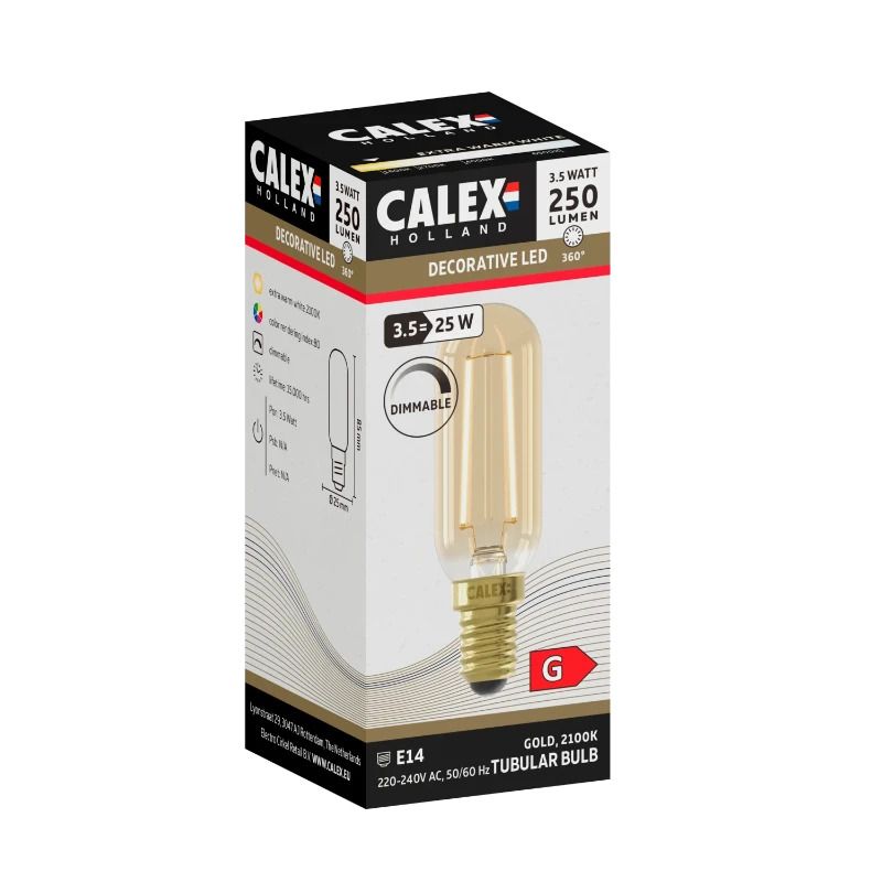 Calex E14 LED Buislamp Goud | 3.5W 250Lm 2100K | 220-240V 821 T25 | Dimbaar