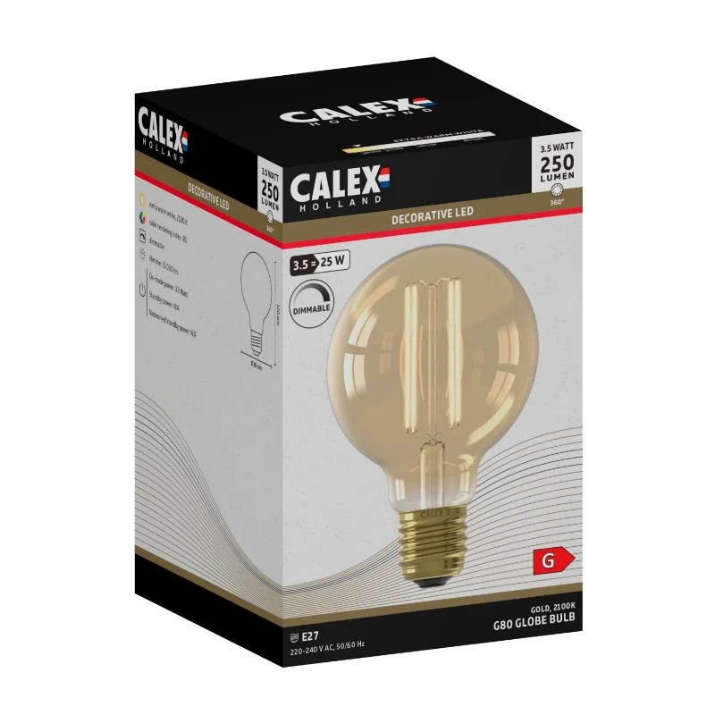 Calex E27 LED Globelamp Goud | 3.5W 250Lm 2100K | 220-240V 821 G80 | Dimbaar