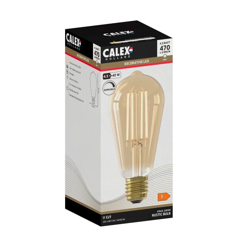 Calex E27 LED Edison Lamp Rustiek Goud | 4.5W 470Lm 2100K | 220-240V 821 ST64 | Dimbaar