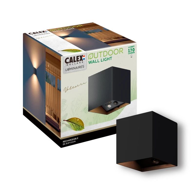 Calex Buiten Up/Downlighter Volterra | 1.5W 170Lm 2700K | 827 Oplaadbaar | IP44 | Zwart