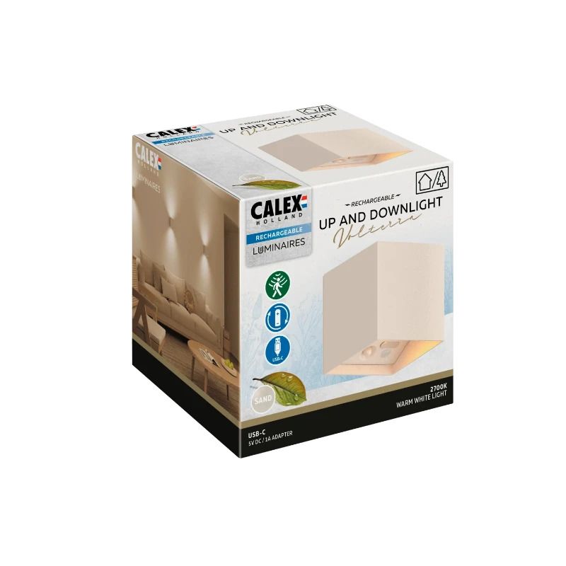 Calex Buiten Up/Downlighter Volterra | 1.5W 60Lm/170Lm 2700K | 827 Oplaadbaar | Met Bewegingssensor | IP44 | Zand