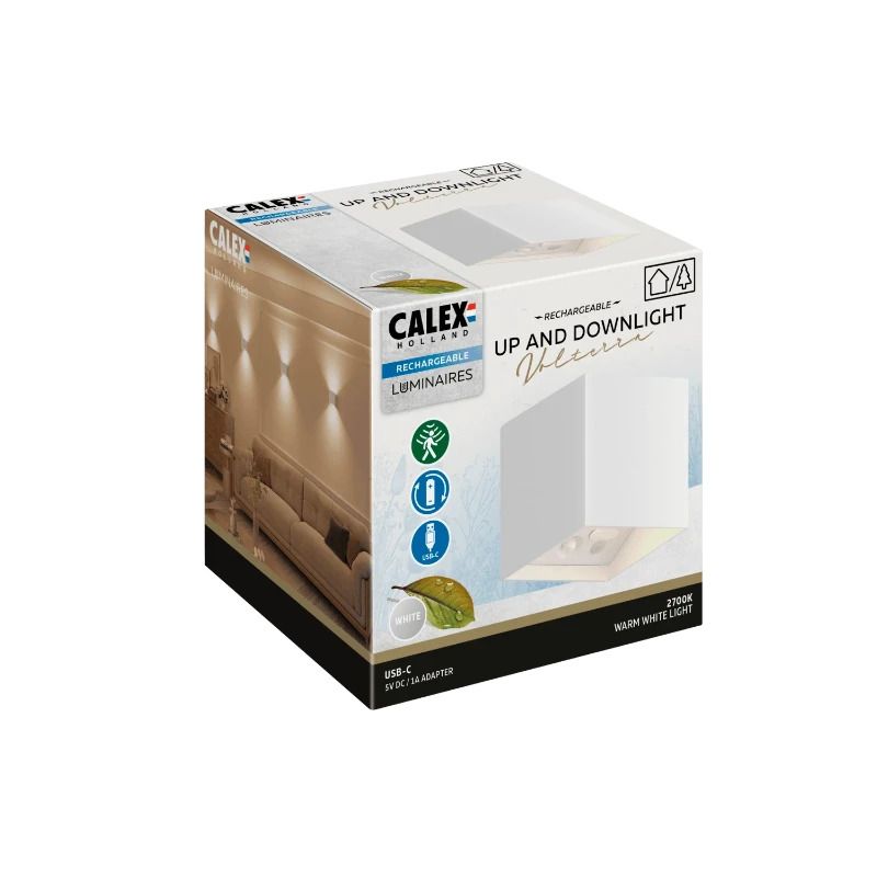 Calex Buiten Up/Downlighter Volterra | 1.5W 170Lm 2700K | 827 Oplaadbaar | Met Bewegingssensor | IP44 | Wit