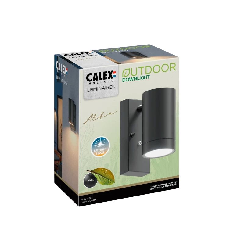 Calex Buiten Wandlamp Alba | 1x GU10 | Met Schemersensor | IP44 | Zwart