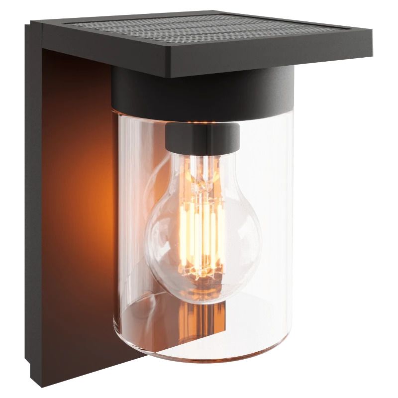 Calex Buiten Wandlamp Asti | 1x E27 1.6W 150Lm 2700K | 827 | Met Schemersensor Oplaadbaar Solar | IP44 | Zwart