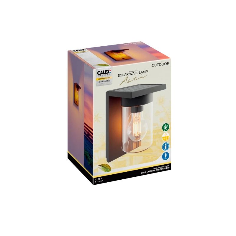 Calex Buiten Wandlamp Asti | 1x E27 1.6W 150Lm 2700K | 827 | Met Schemersensor Oplaadbaar Solar | IP44 | Zwart