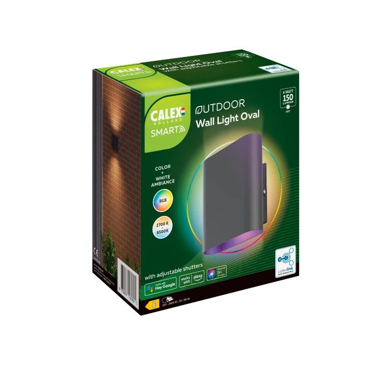 Calex Buiten Smart Wandlamp Oval | 660Lm 6500K | 865 RGBW | Dimbaar | IP54 | Zwart