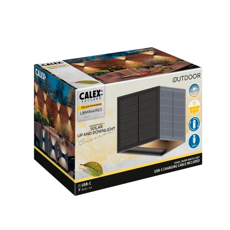 Calex Buiten Up/Downlighter Caserta | 0.5W 40Lm 2700K | 727 | Met Schemersensor Oplaadbaar Solar | IP44 | Zwart