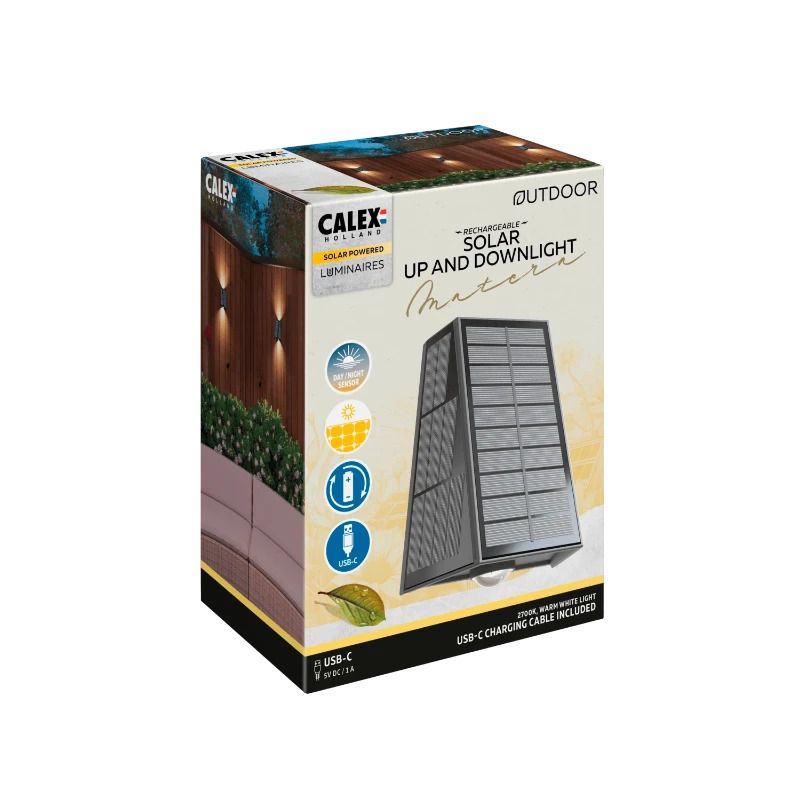 Calex Buiten Up/Downlighter Matera | 1.6W 85Lm 2700K | 727 | Met Schemersensor Oplaadbaar Solar | IP44 | Zwart