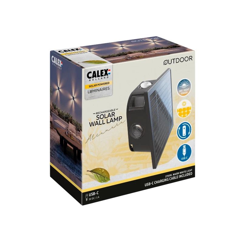 Calex Buiten Wandlamp Altamura | 0.6W 40Lm 2700K | 727 | Oplaadbaar | Solar | Met Schemersensor | IP44 | Zwart