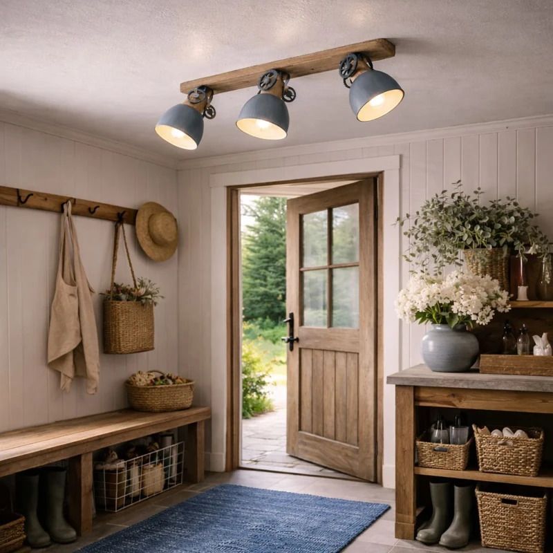 Mexlite Gearwood LED Plafondlamp | 3x E27 40W | Dimbaar | Grijs/Hout
