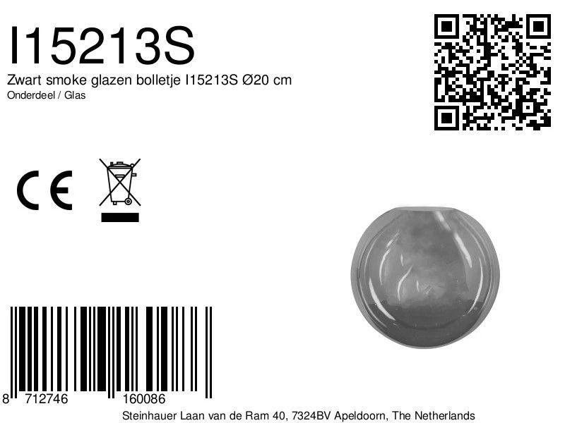 Steinhauer Onderdeel | Zwart Smoke Glazen Bolletje Ø20 Cm