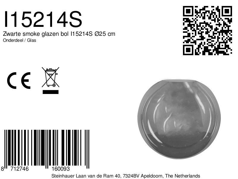 Steinhauer Onderdeel | Zwarte Smoke Glazen Bol Ø25 Cm
