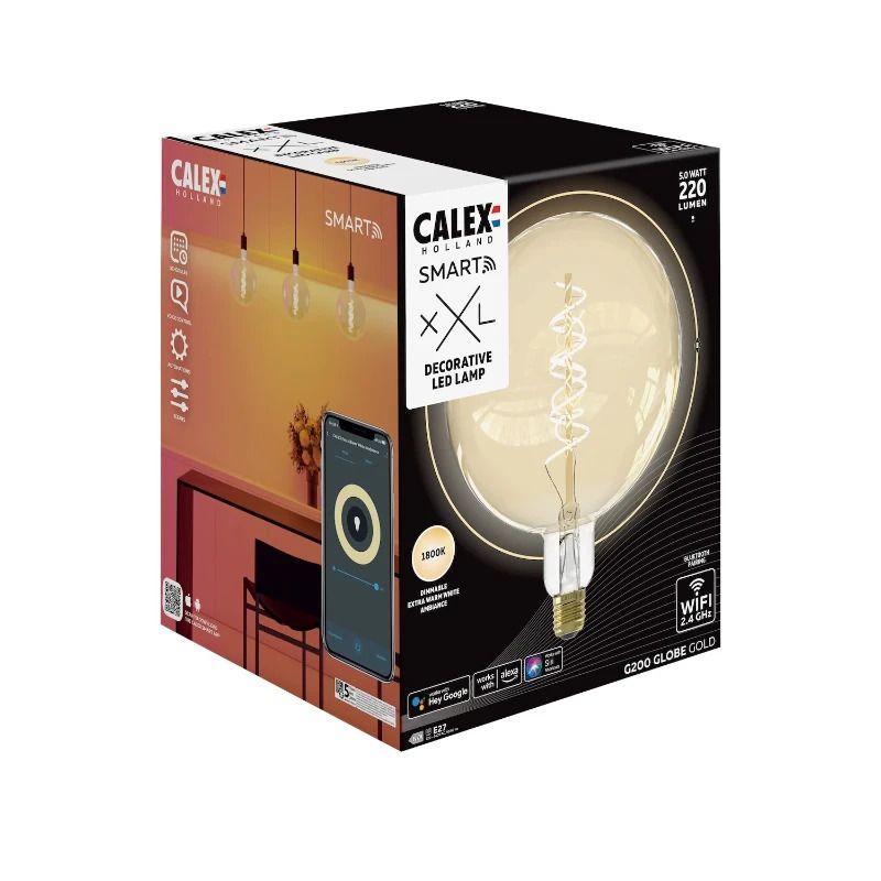 Calex Smart Globe G200 Goud Enkele spiraal filament 220-240V 5W 220lm 1800K E27 dimbaar via app