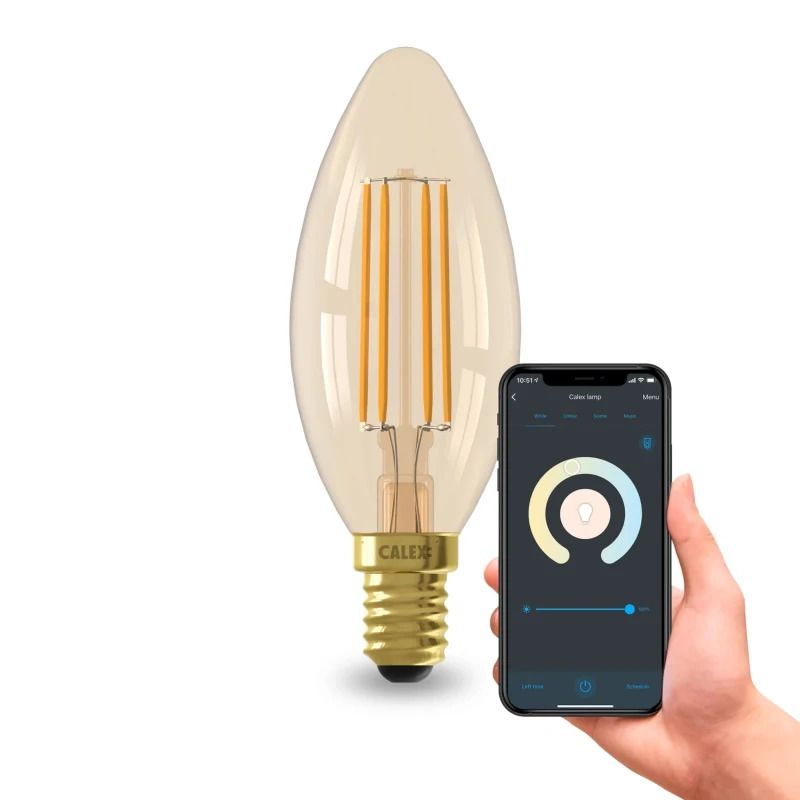 Calex Smart Kaars B35 Goud vol glas Straight filament 220-240V 4,9W 470lm 1800-3000K E14 dimbaar via app