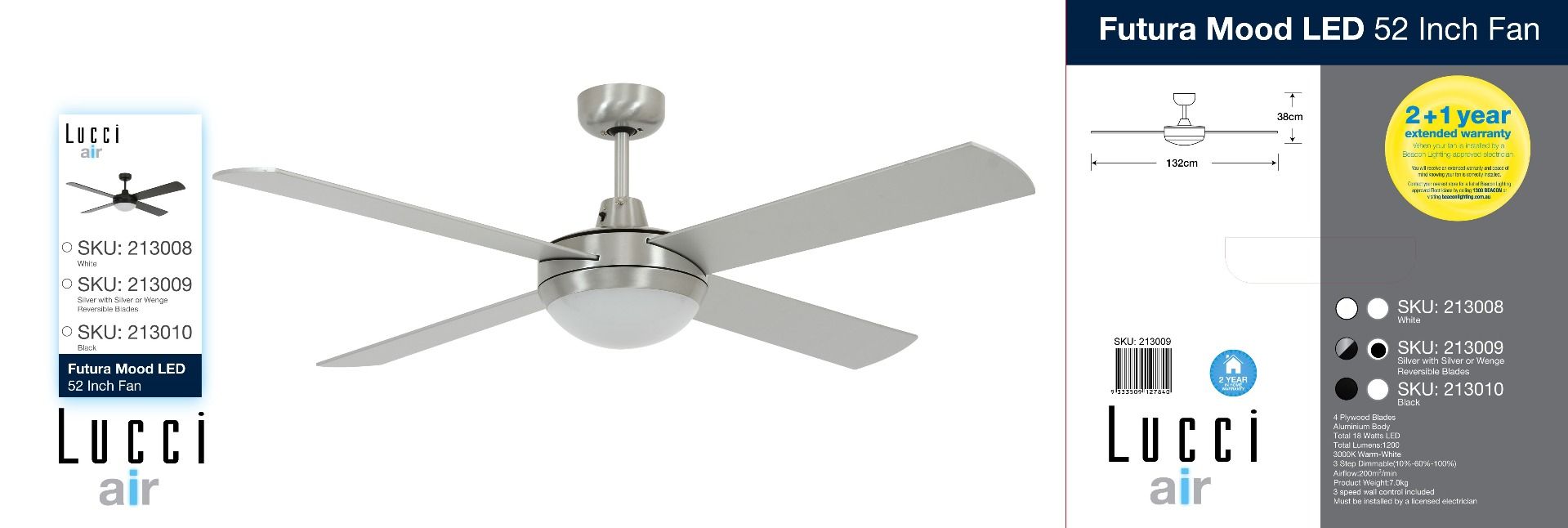 Beacon Lucci Air Futura Mood Indoor Plafondventilator 132CM Geborsteld Chroom (Incl. Verlichting)