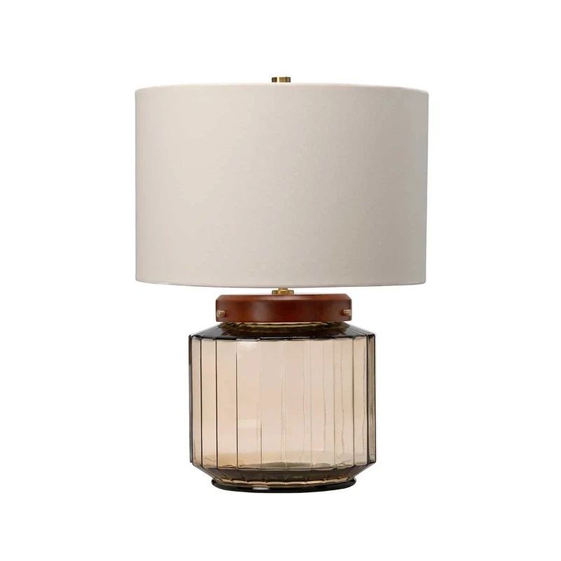 Elstead Lighting LED Tafellamp Luga | 1X E27 Max 60W | Metalwork Aged Brass - Glassware Smoke - Wood Dark Stained