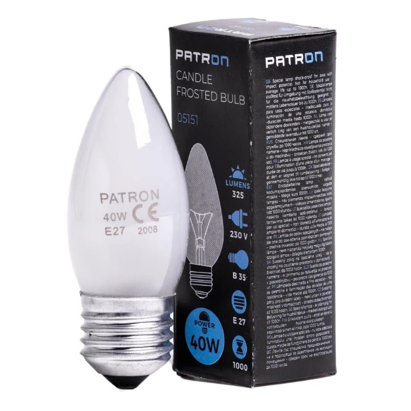 Patron E27 Kaars Gloeilamp | 40W 2700K 325Lm Mat | Dimbaar