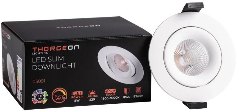 Thorgeon LED Downlighter Ø83mm | 8W 1800K/3000K 520Lm | 918/930 IP44 Dimbaar