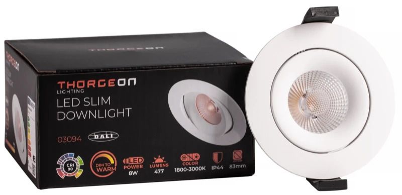 Thorgeon LED Downlighter Ø83mm | 8W 1800K/3000K 520Lm | 918/930 IP44 DALI Dimbaar