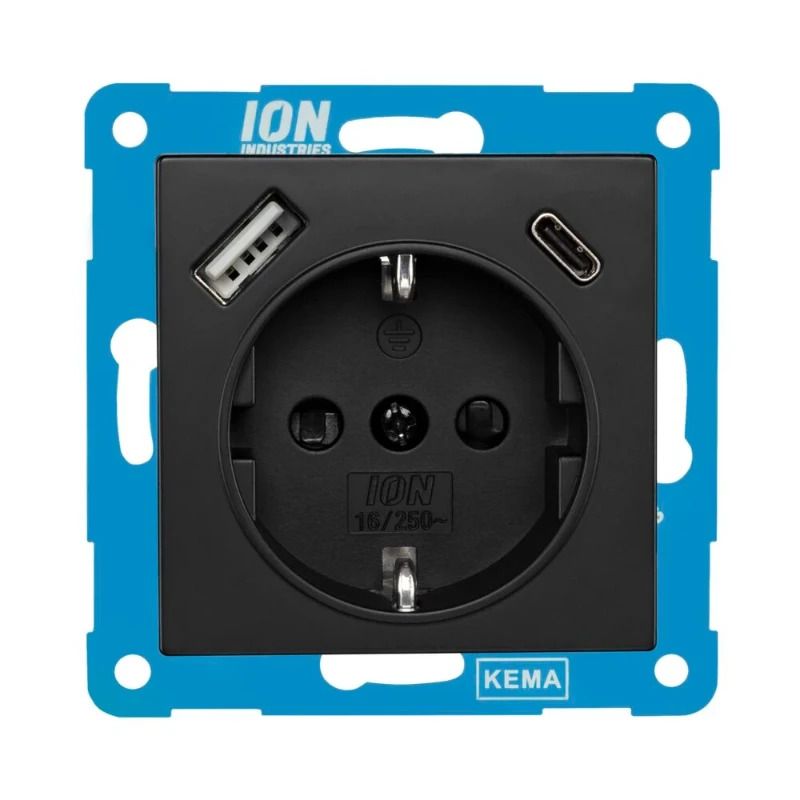 Ion Industries Wandcontactdoos | RA USB A + USB C met Aanraakbeveiliging V1/J1 Mat Zwar