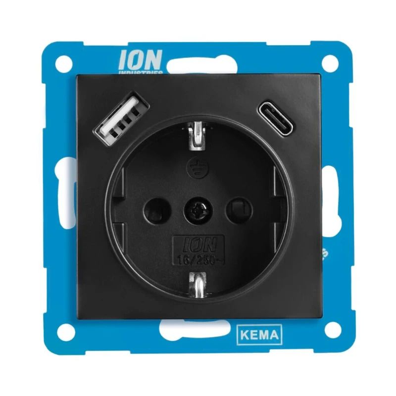 Ion Industries Wandcontactdoos | RA USB A + USB C met Aanraakbeveiliging E1 Mat Zwart