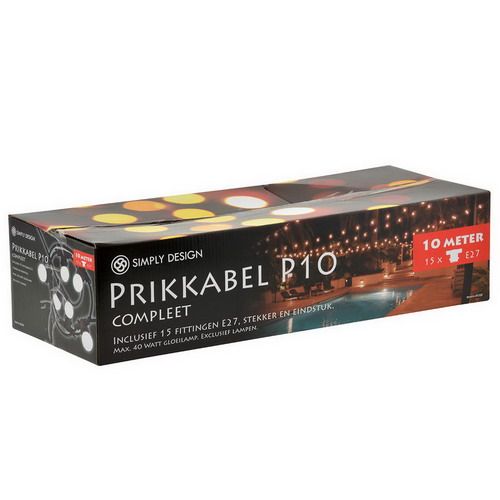 Prikkabel 10 Meter 15x E27 Fitting (Grote Fitting) Feestverlichting