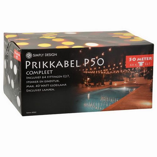 Prikkabel 50 Meter 64x E27 Fitting (Grote Fitting) Feestverlichting