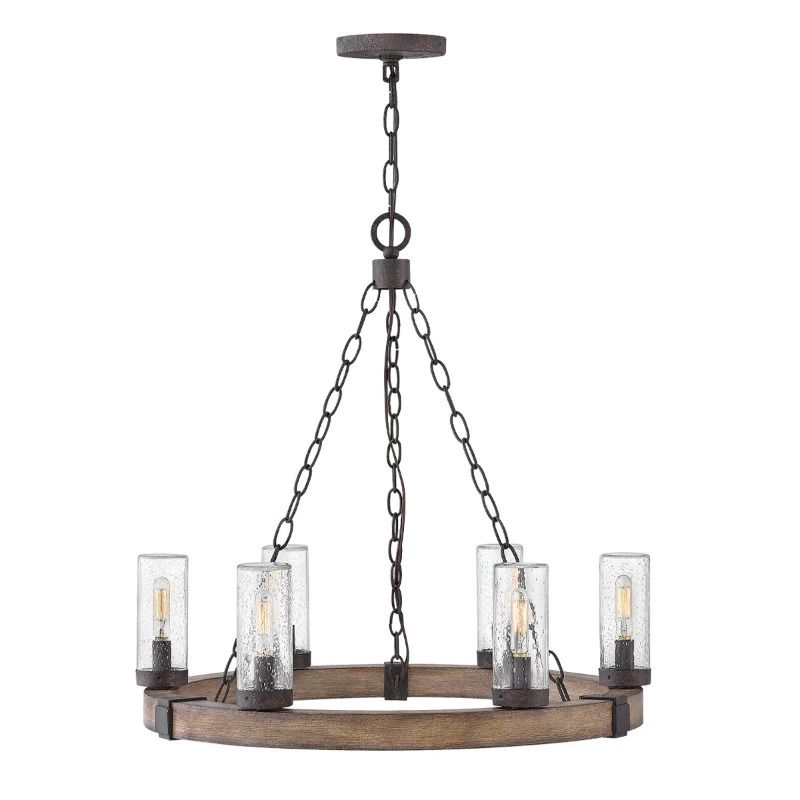 Hinkley LED Kroonluchter | 6X E27 Max 40W | IP44 | Sequoia wood effect with rust Iron accents & Clear