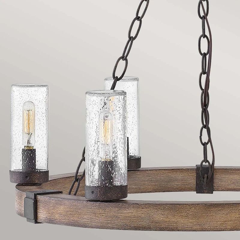 Hinkley LED Kroonluchter | 6X E27 Max 40W | IP44 | Sequoia wood effect with rust Iron accents & Clear