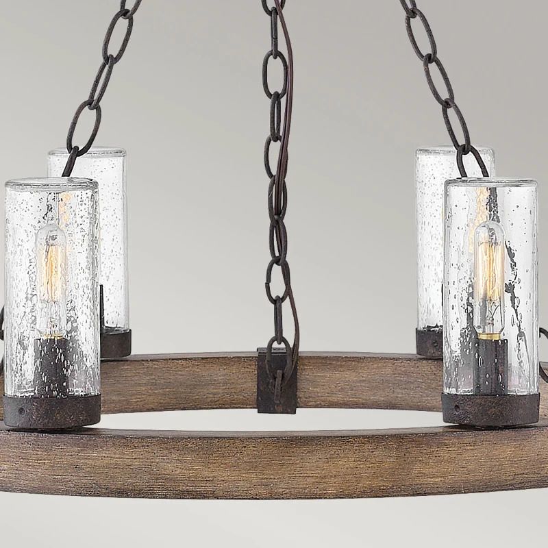 Hinkley LED Kroonluchter | 6X E27 Max 40W | IP44 | Sequoia wood effect with rust Iron accents & Clear
