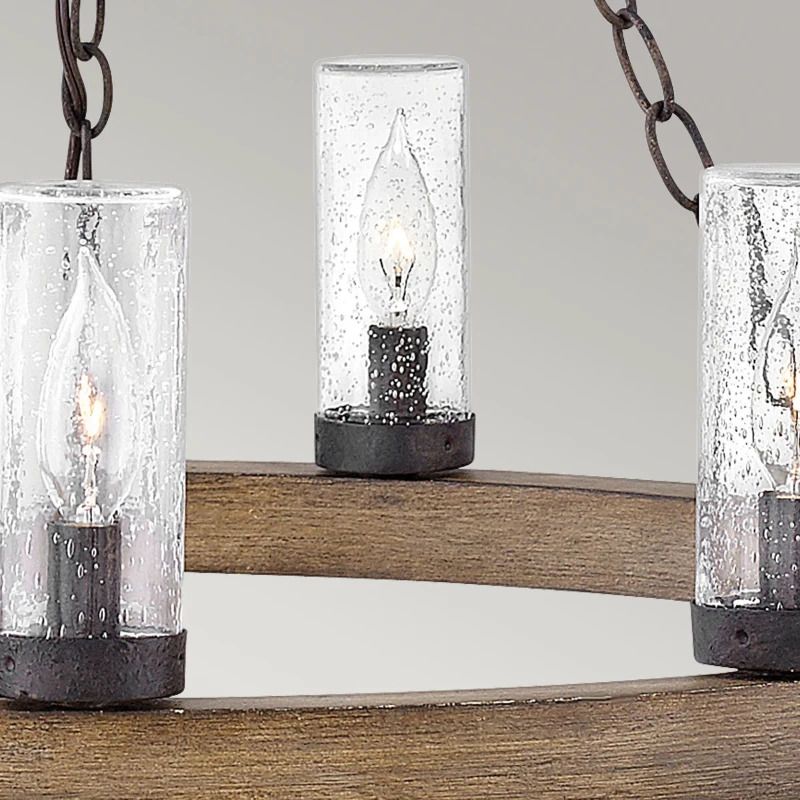 Hinkley LED Kroonluchter | 9X E27 Max 40W | IP44 | Sequoia wood effect with rust Iron accents & Clear